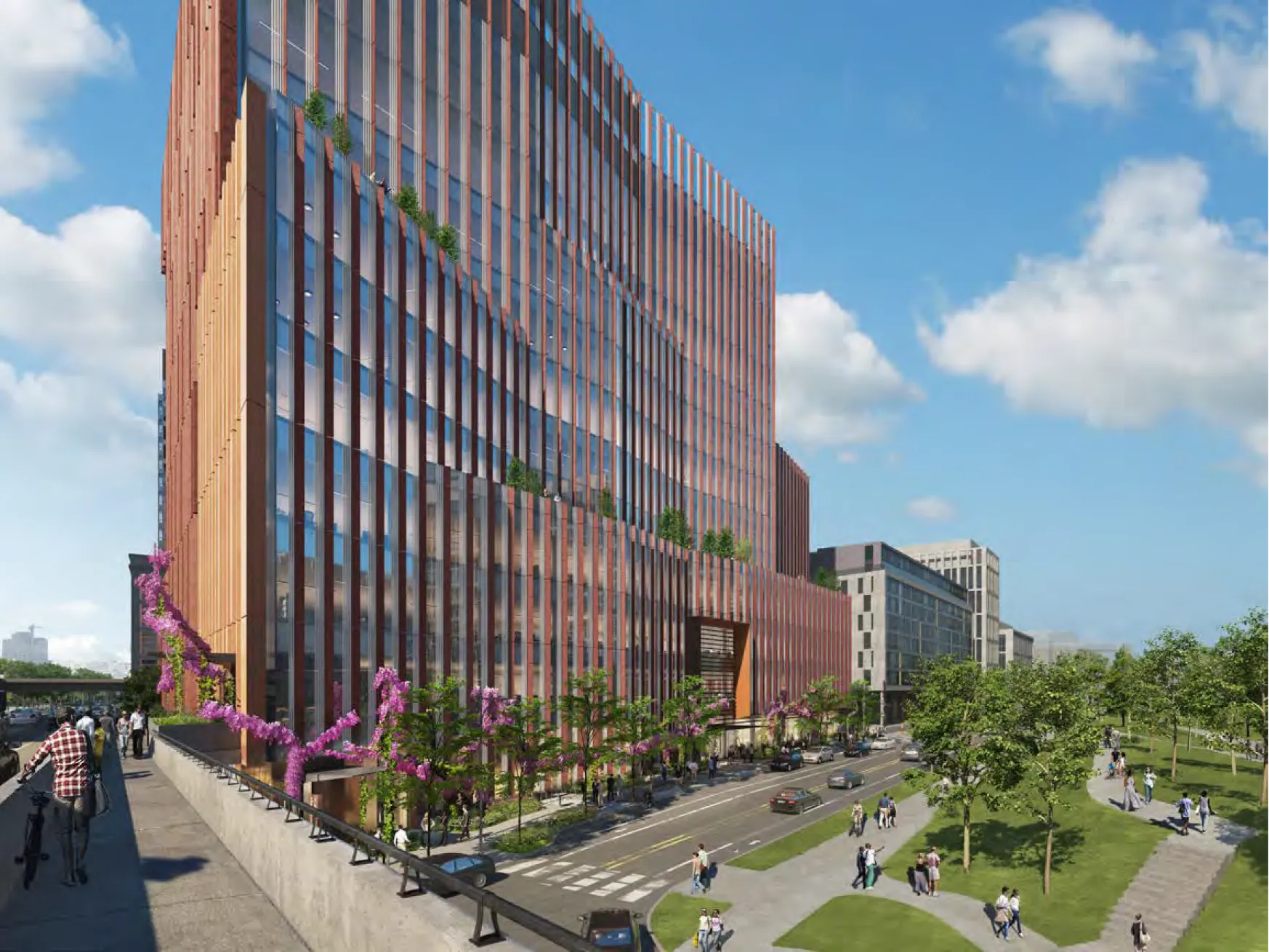 Contemporary laboratory building exterior with vertical fins greenery and pedestrians in Cambridge Crossing neighborhood