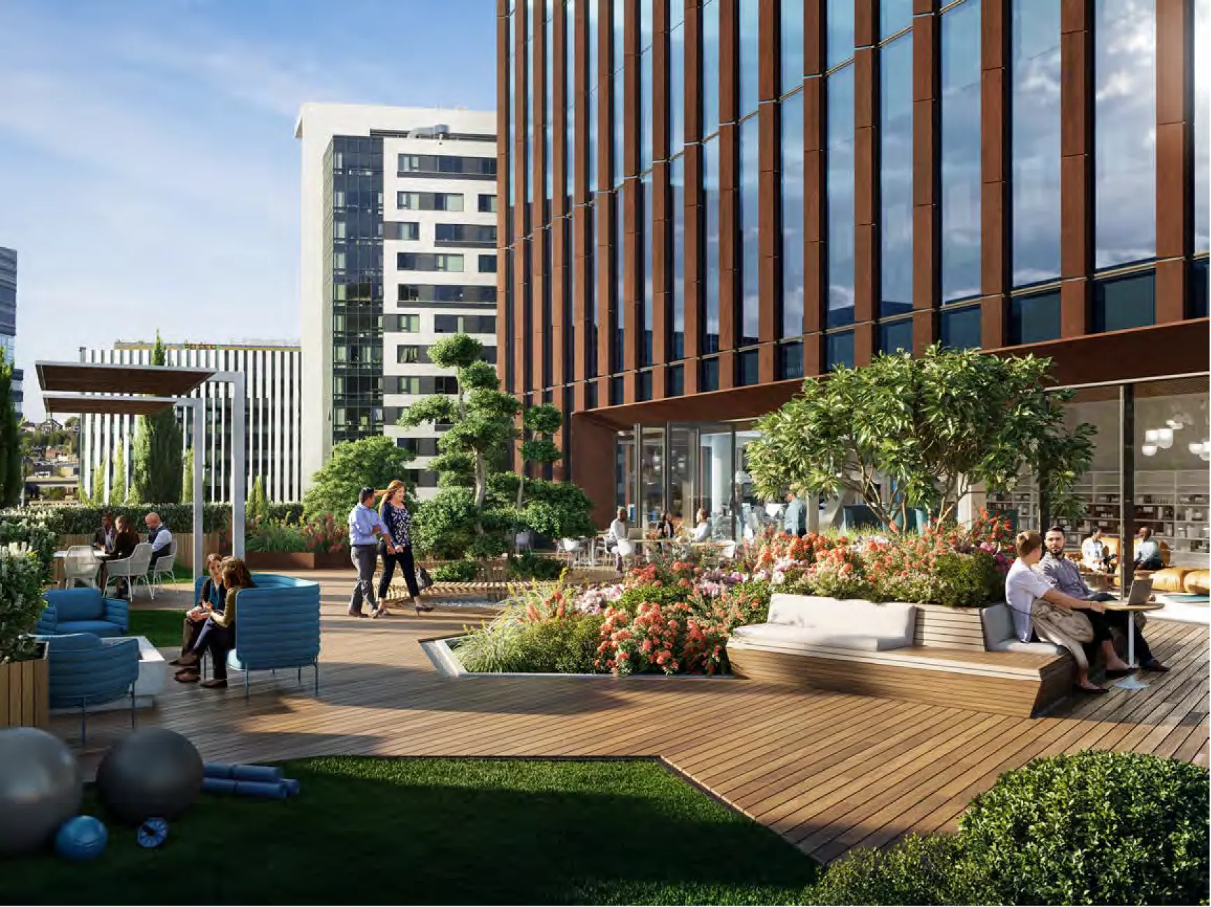 Rooftop garden lounge featuring wood decking greenery seating areas and contemporary office building exterior