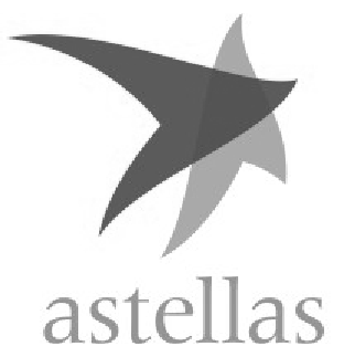Astellas logo with abstract star shaped emblem and lowercase pharmaceutical company branding typography