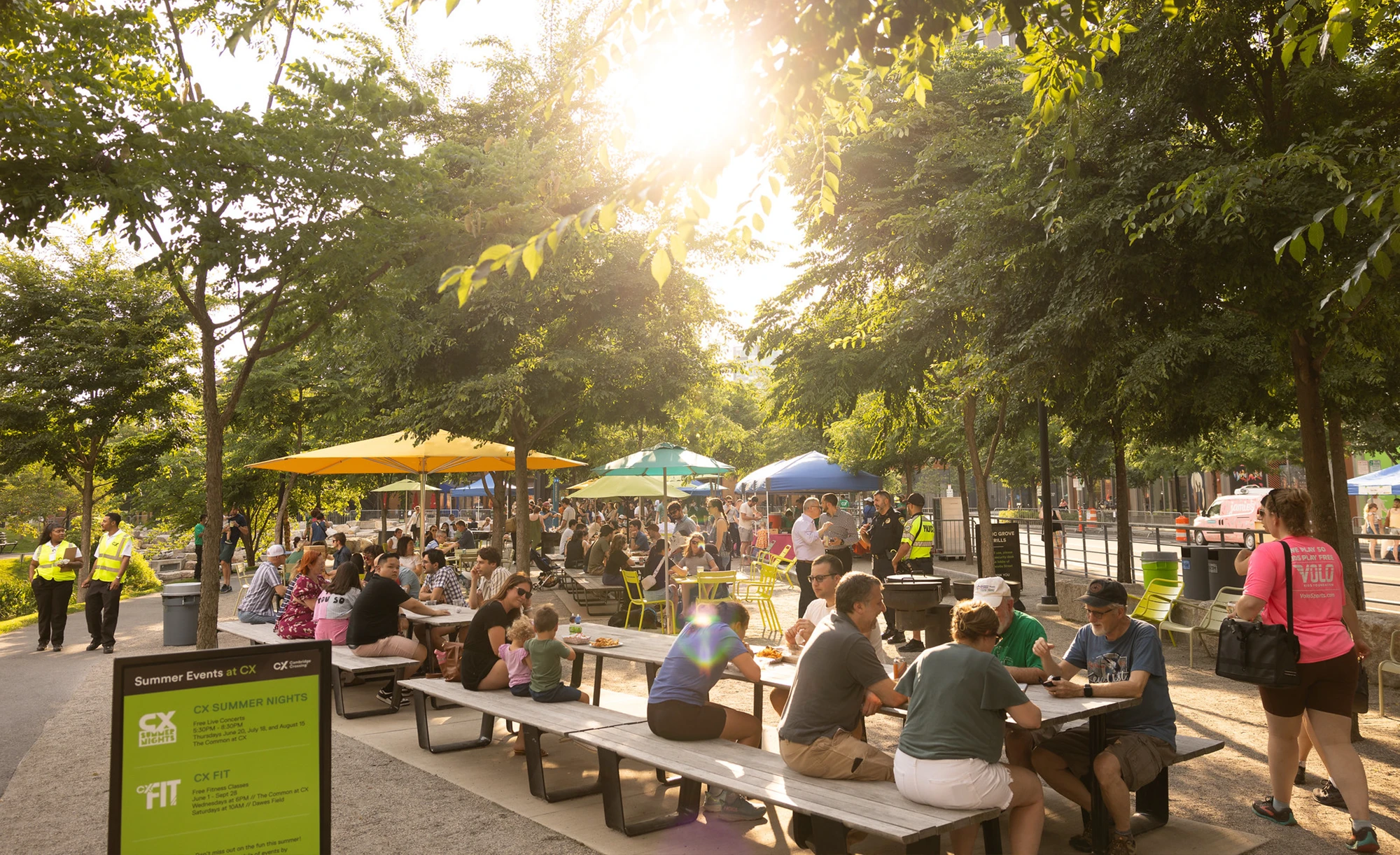 Lively urban park gathering with families eating at shared tables surrounded by trees and summer sunlight