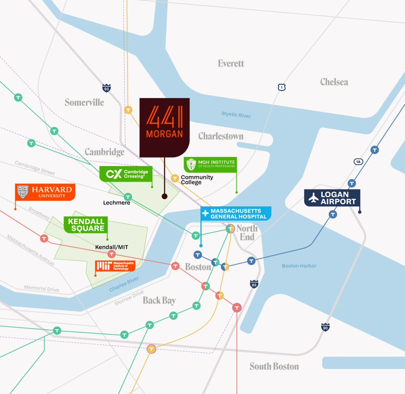 Map of Cambridge Boston area highlighting 441 Morgan location near Kendall Square and transit connections