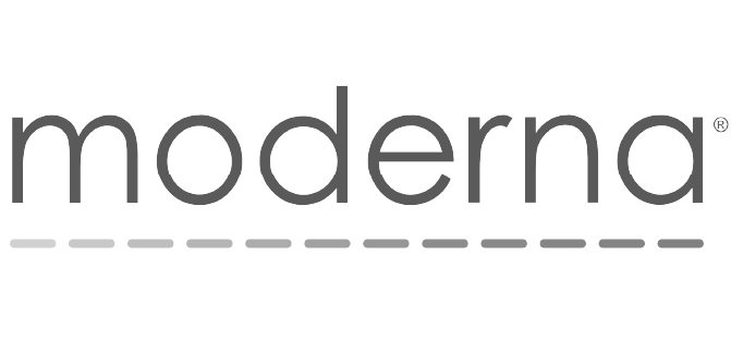 Pharmaceutical company Moderna branding featuring minimalist typography with signature dashed line design element