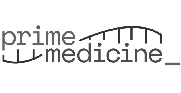 Biotechnology branding for Prime Medicine featuring curved gene editing motif and minimalist text design
